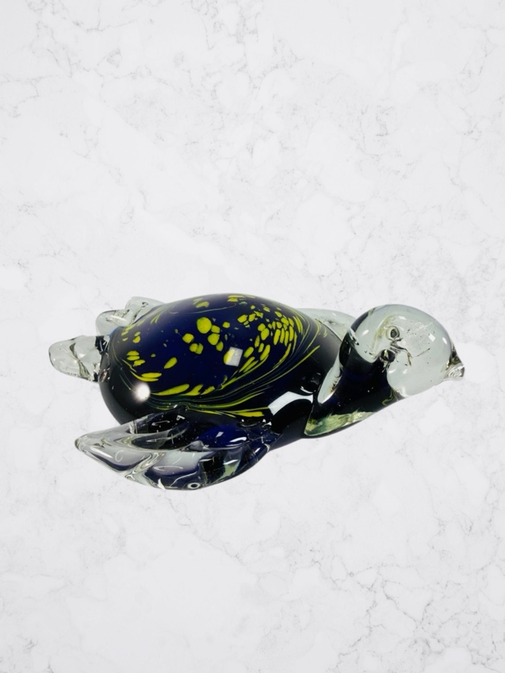 Blown Art Glass Sea Turtle Ocean Sea Cobalt Blue Yellow Clear Large Paperweight - Picture 4 of 8